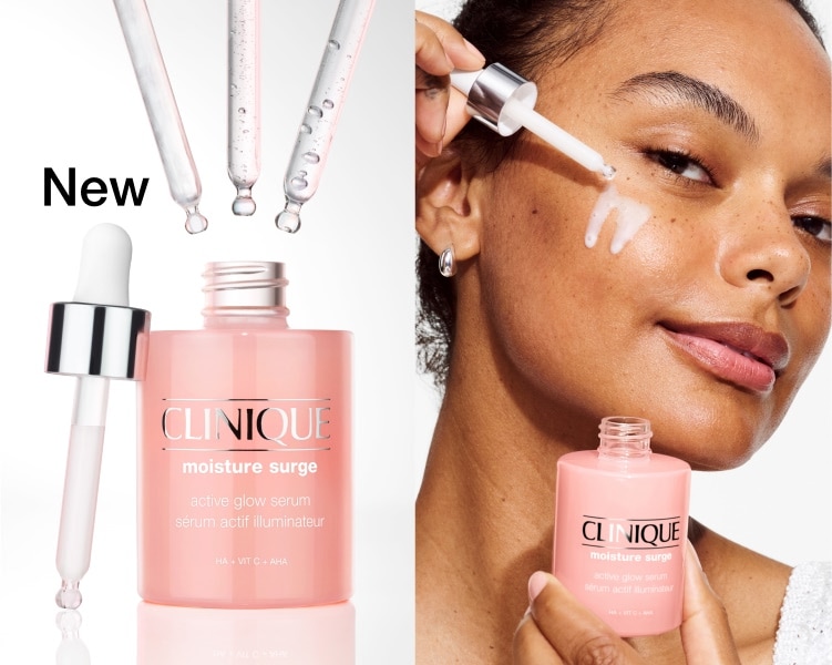 New Moisture Surge Serum with pipettes adding hyaluronic acid, and close up of model, focusing on glowing complexion